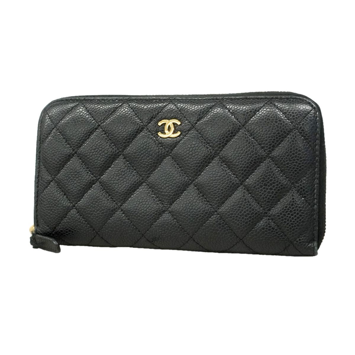 Chanel Wallet Quilted Caviar Leather Black Gold