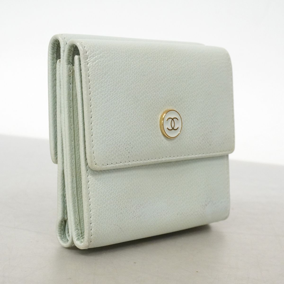 Chanel Trifold Wallet Coco Buttons Caviar Leather Light Green Gold — view 2