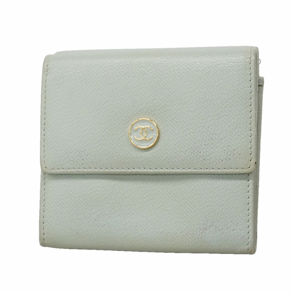 Chanel Trifold Wallet Coco Buttons Caviar Leather Light Green Gold