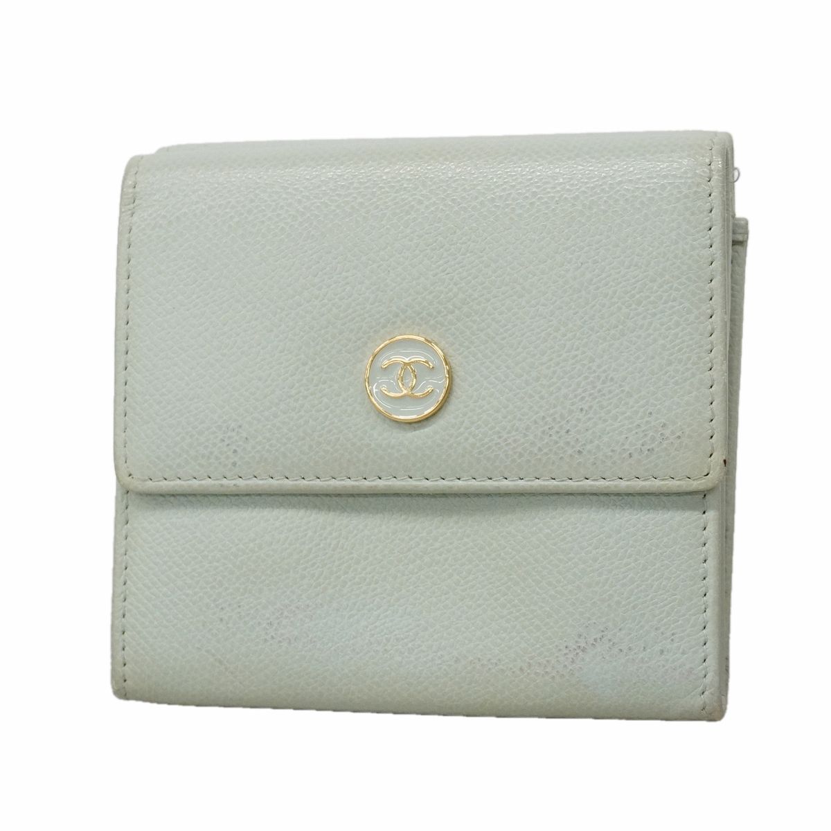 Chanel Trifold Wallet Coco Buttons Caviar Leather Light Green Gold