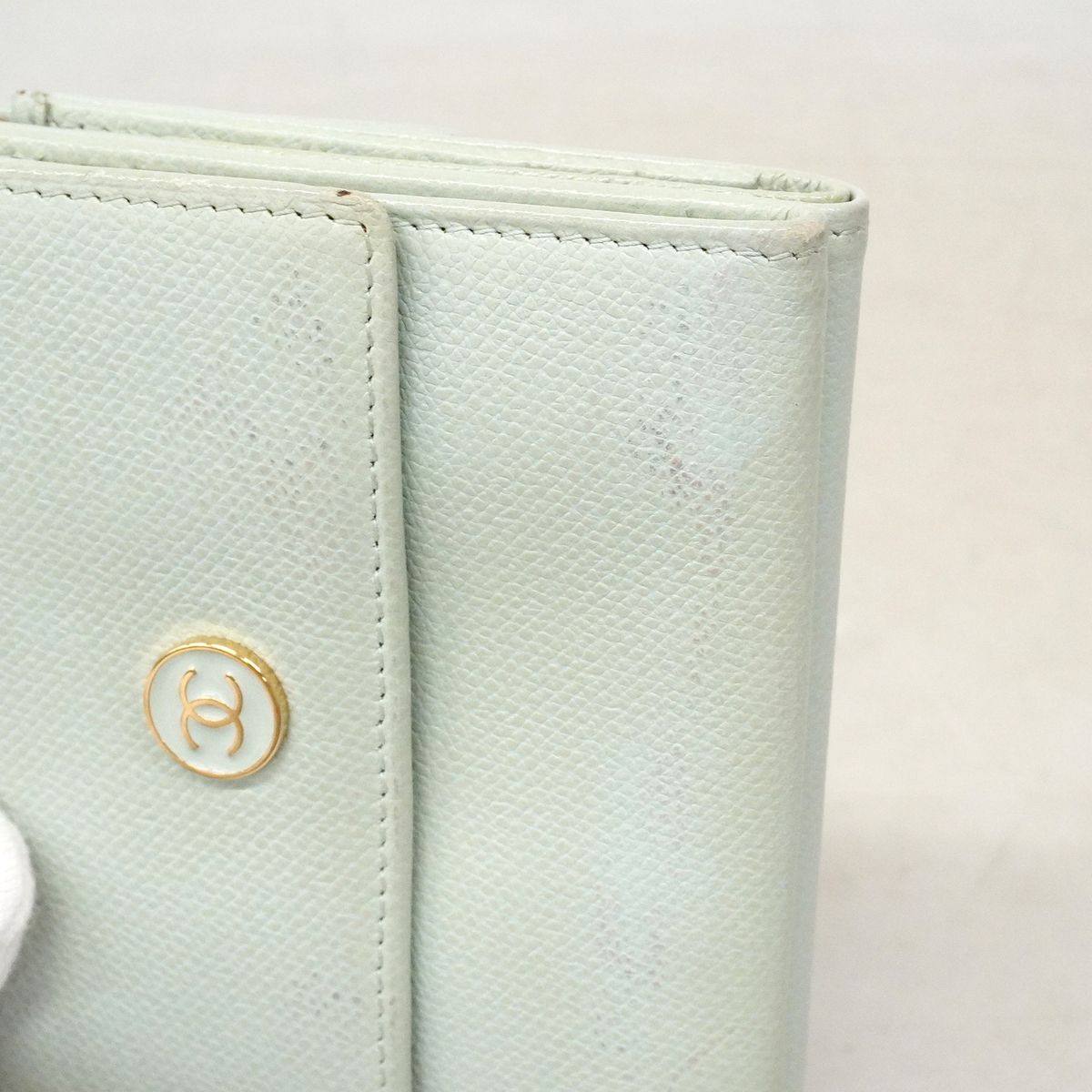 Chanel Trifold Wallet Coco Buttons Caviar Leather Light Green Gold — view 8
