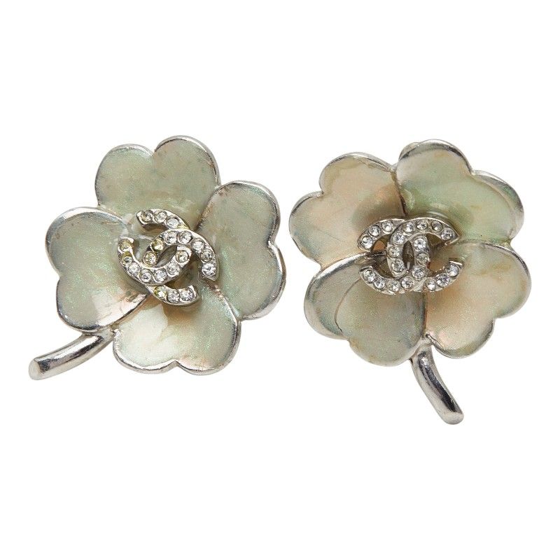 Chanel 04P CC Logo Clover Earrings Metal Rhinestone