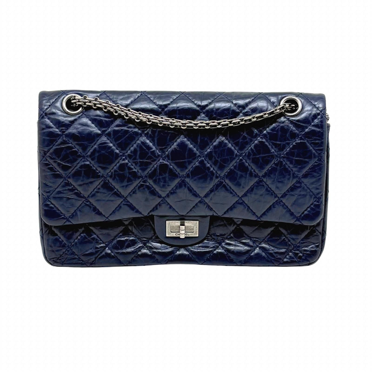 Chanel 2.55 Large Flap Shoulder Bag Aged Calfskin Navy Silver Mademoiselle Lock