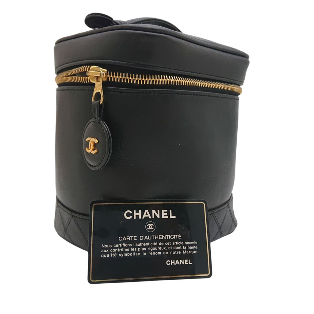 Chanel Vintage Vanity Bag Black Leather Gold CC Logo with Card