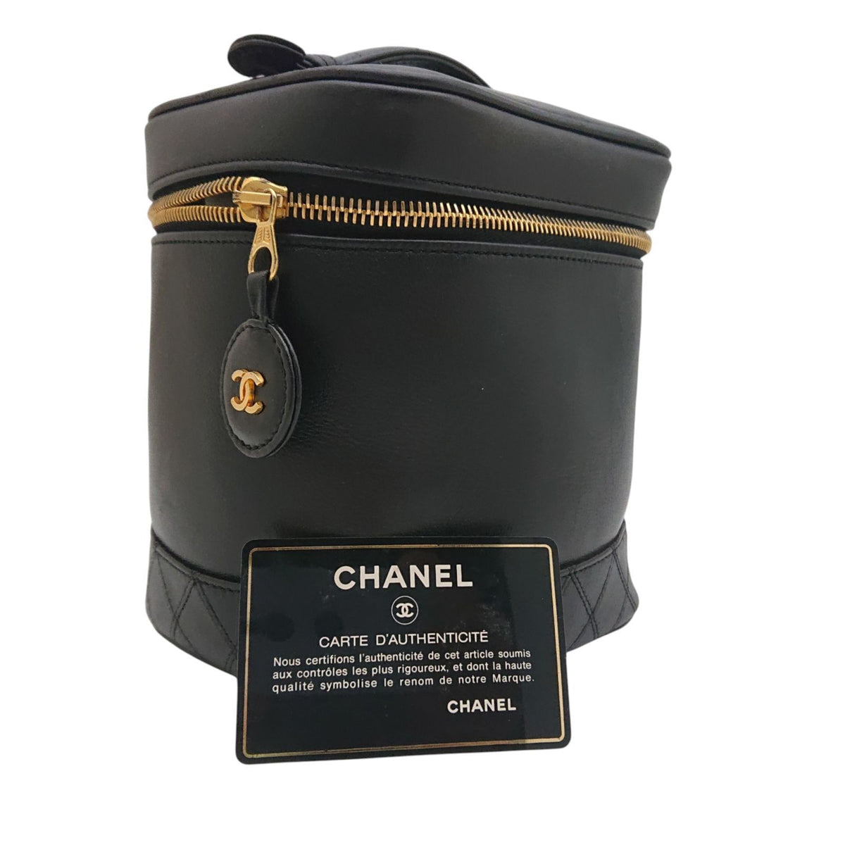 Chanel Vintage Vanity Bag Black Leather Gold CC Logo with Card
