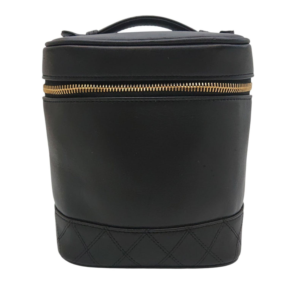 Chanel Vintage Vanity Bag Black Leather Gold CC Logo with Card — view 5