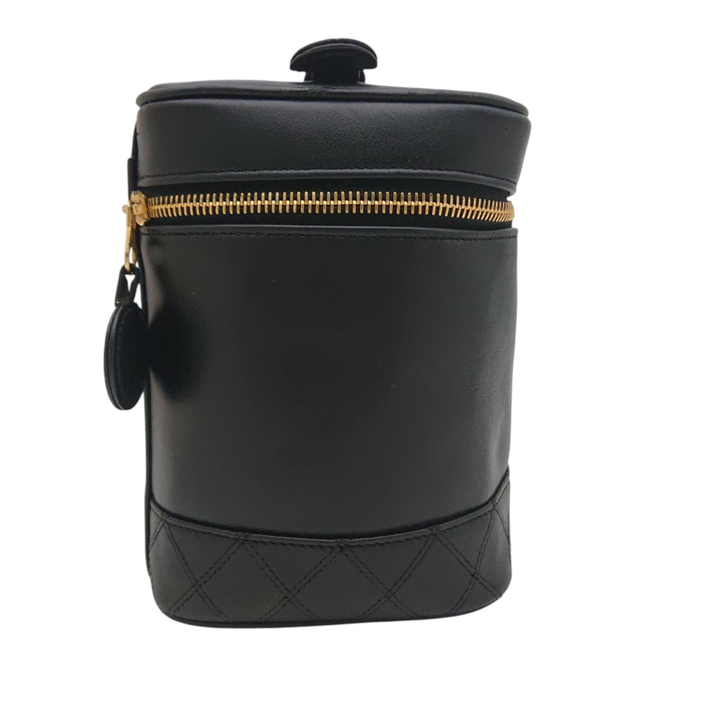 Chanel Vintage Vanity Bag Black Leather Gold CC Logo with Card — view 2