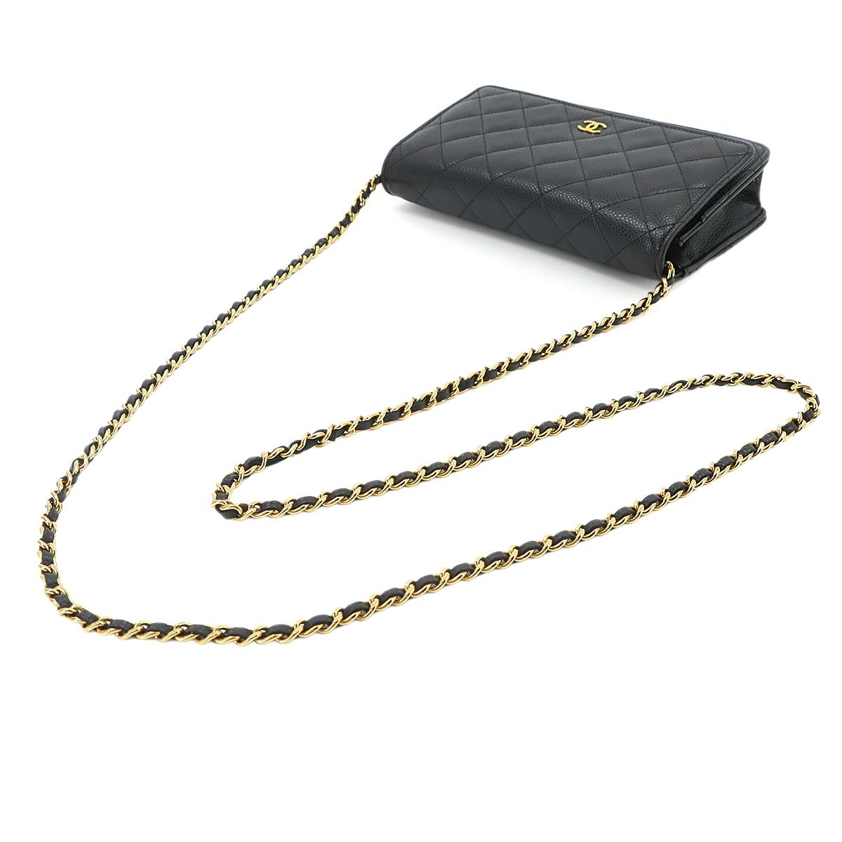 Chanel Quilted Classic Chain Wallet Caviar Leather Black Gold Shoulder Bag — view 5