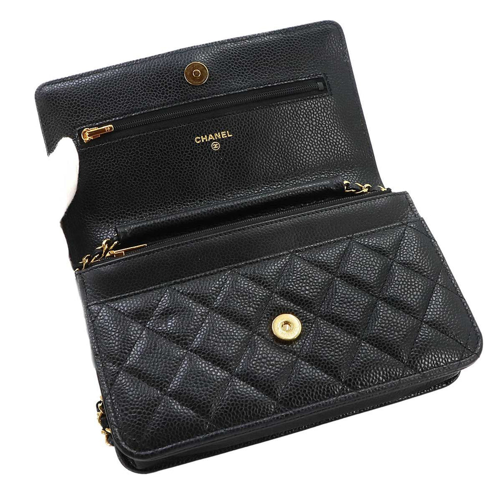 Chanel Quilted Classic Chain Wallet Caviar Leather Black Gold Shoulder Bag — view 8
