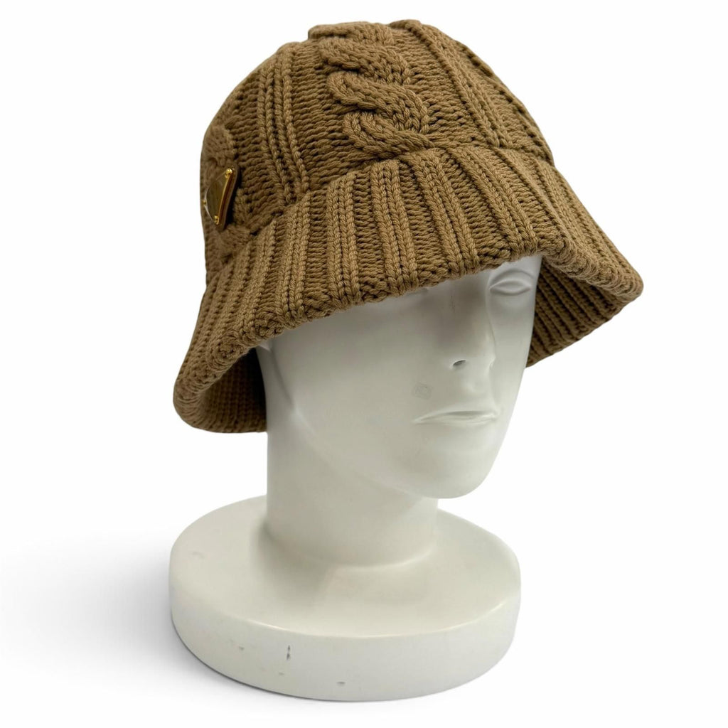 Prada Wool Bucket Hat 100% Triangle Logo Cable Knit Camel