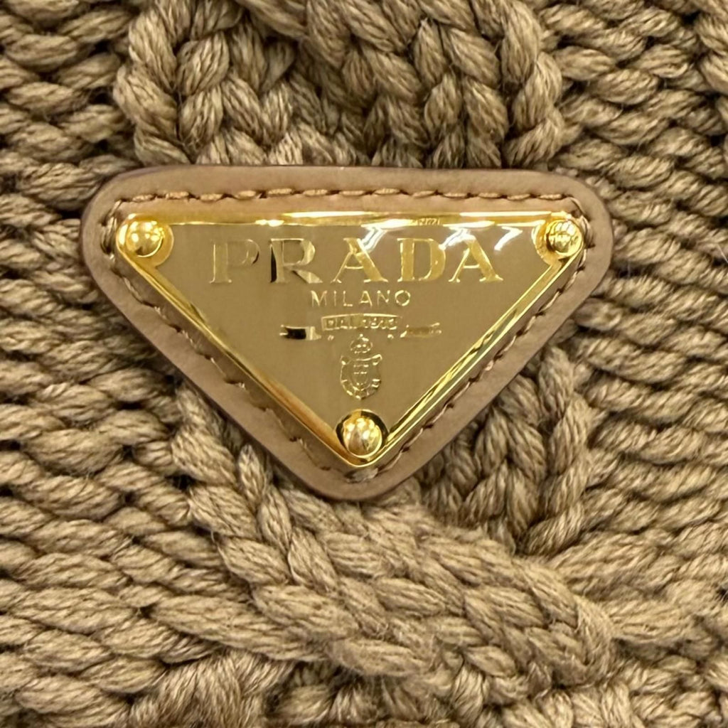 Prada Wool Bucket Hat 100% Triangle Logo Cable Knit Camel — view 6
