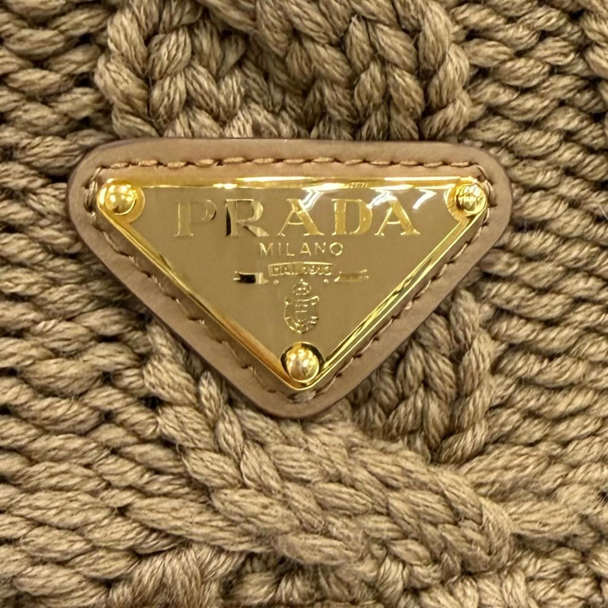 Prada Wool Bucket Hat 100% Triangle Logo Cable Knit Camel — view 6