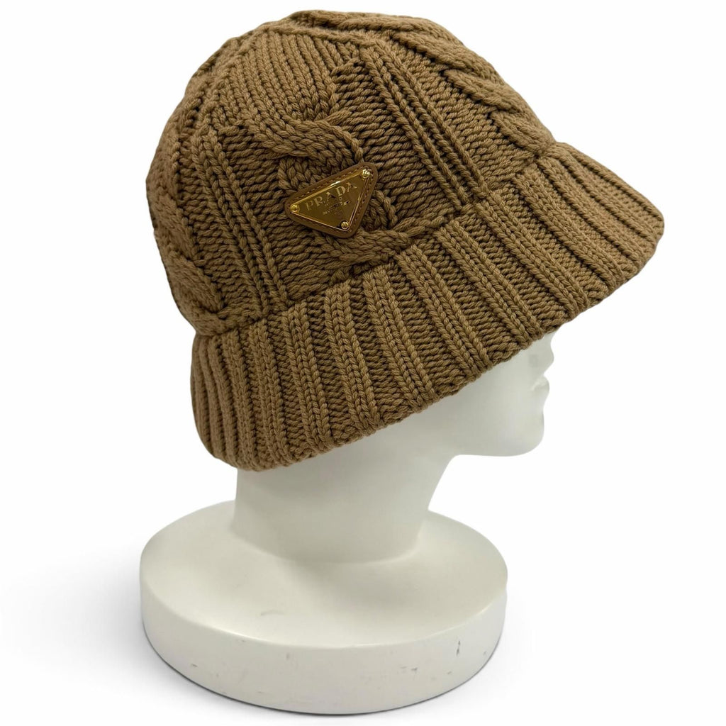 Prada Wool Bucket Hat 100% Triangle Logo Cable Knit Camel — view 2