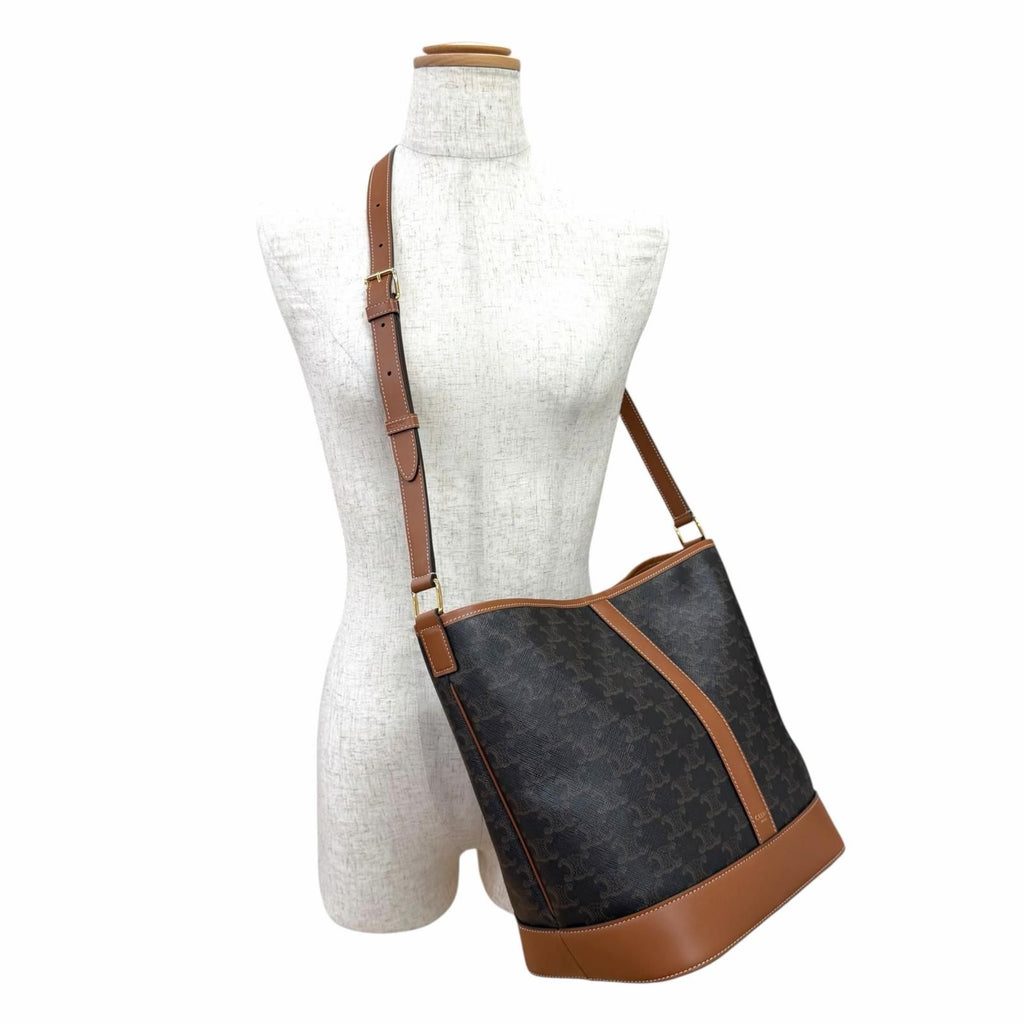 Celine Medium Bucket Triomphe Canvas Calfskin Tan Shoulder Bag Brown — view 3