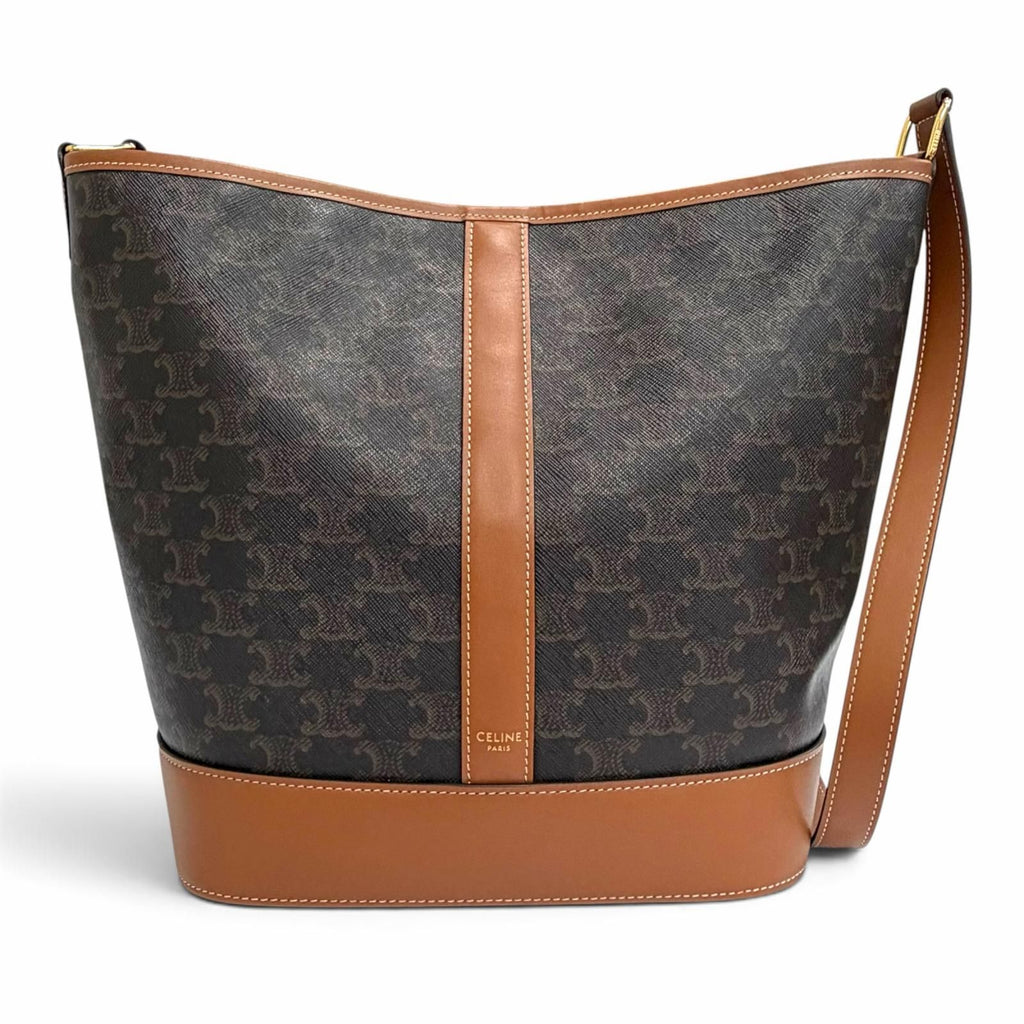 Celine Medium Bucket Triomphe Canvas Calfskin Tan Shoulder Bag Brown