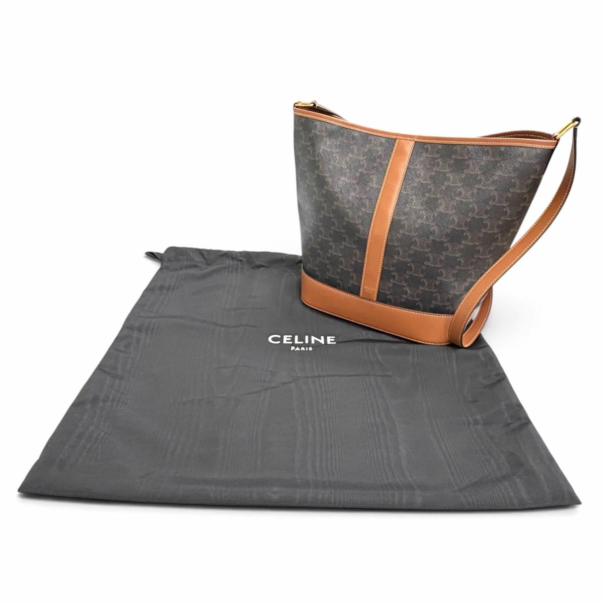 Celine Medium Bucket Triomphe Canvas Calfskin Tan Shoulder Bag Brown — view 2