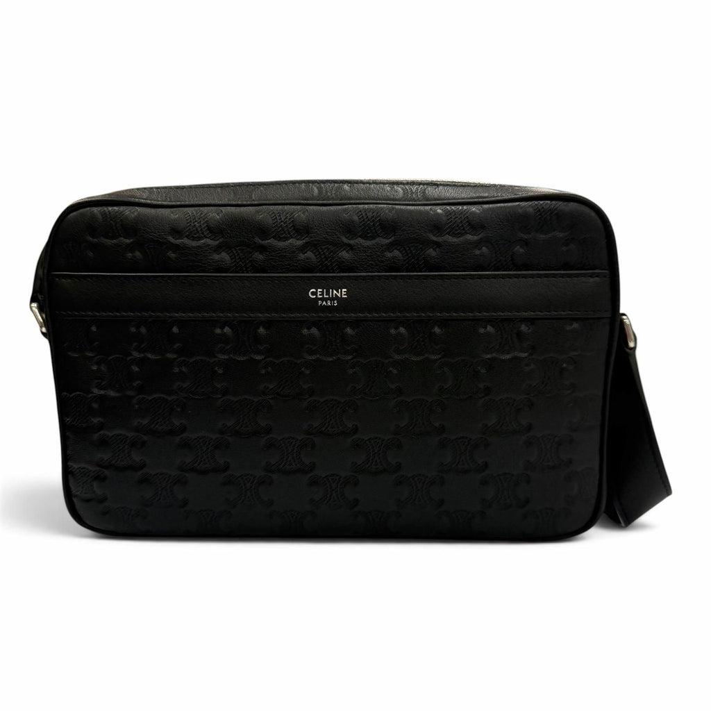 Celine Leather Triomphe Medium Messenger Shoulder Bag Black Silver
