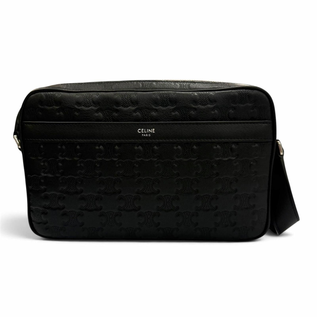Celine Leather Triomphe Medium Messenger Shoulder Bag Black Silver