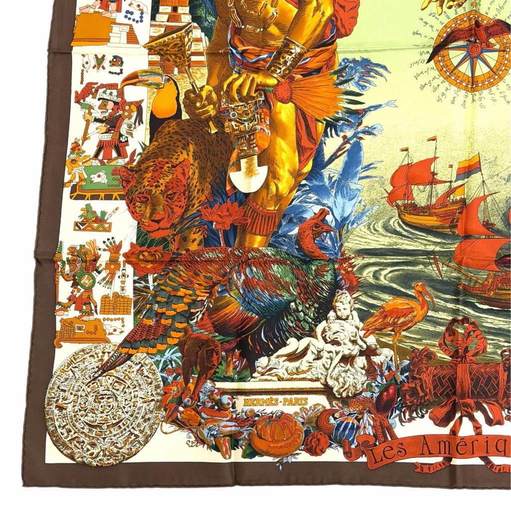 Hermes les Ameriques Colombvs Americas Columbus Carre 90 Silk 100% Scarf Brown — view 6