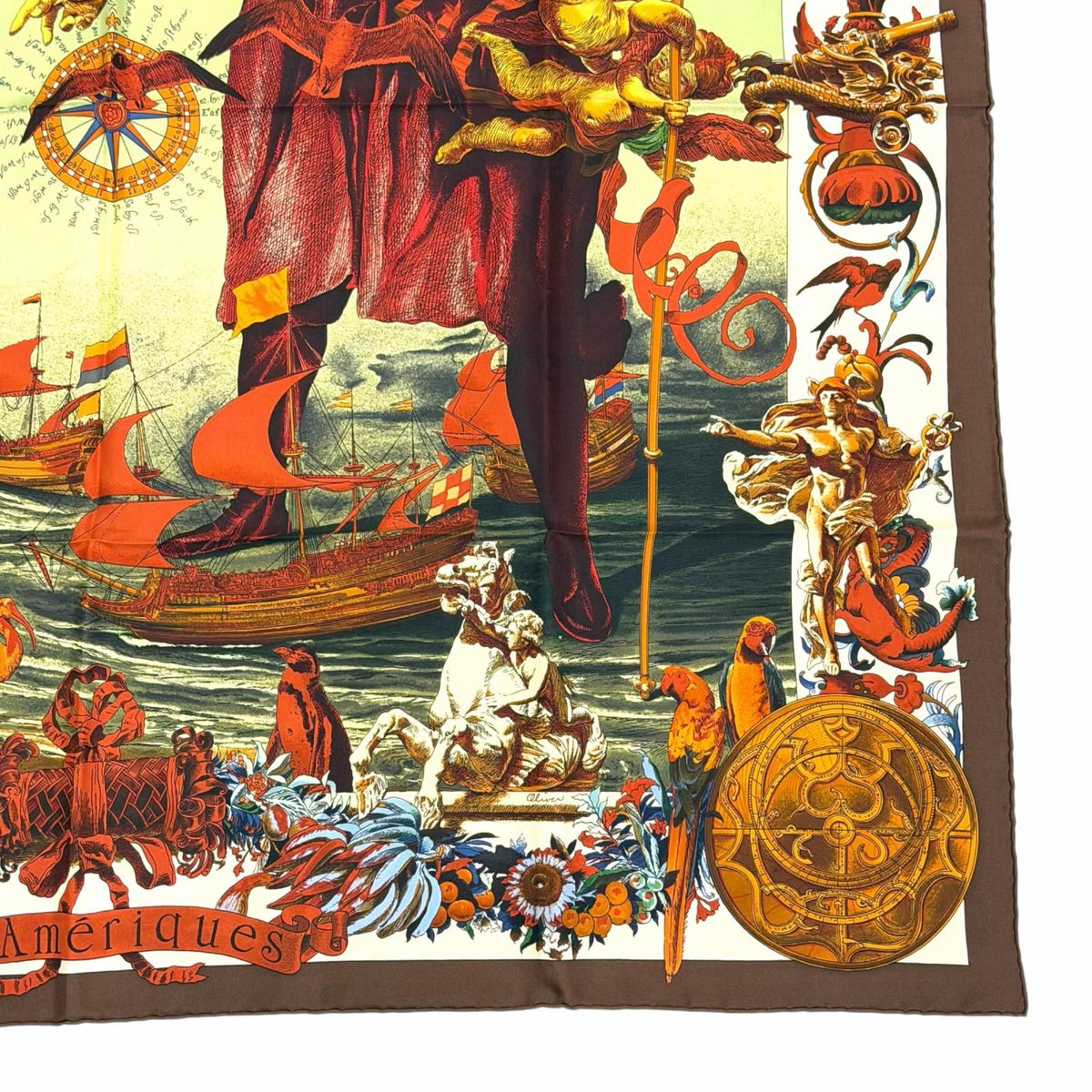 Hermes les Ameriques Colombvs Americas Columbus Carre 90 Silk 100% Scarf Brown — view 5