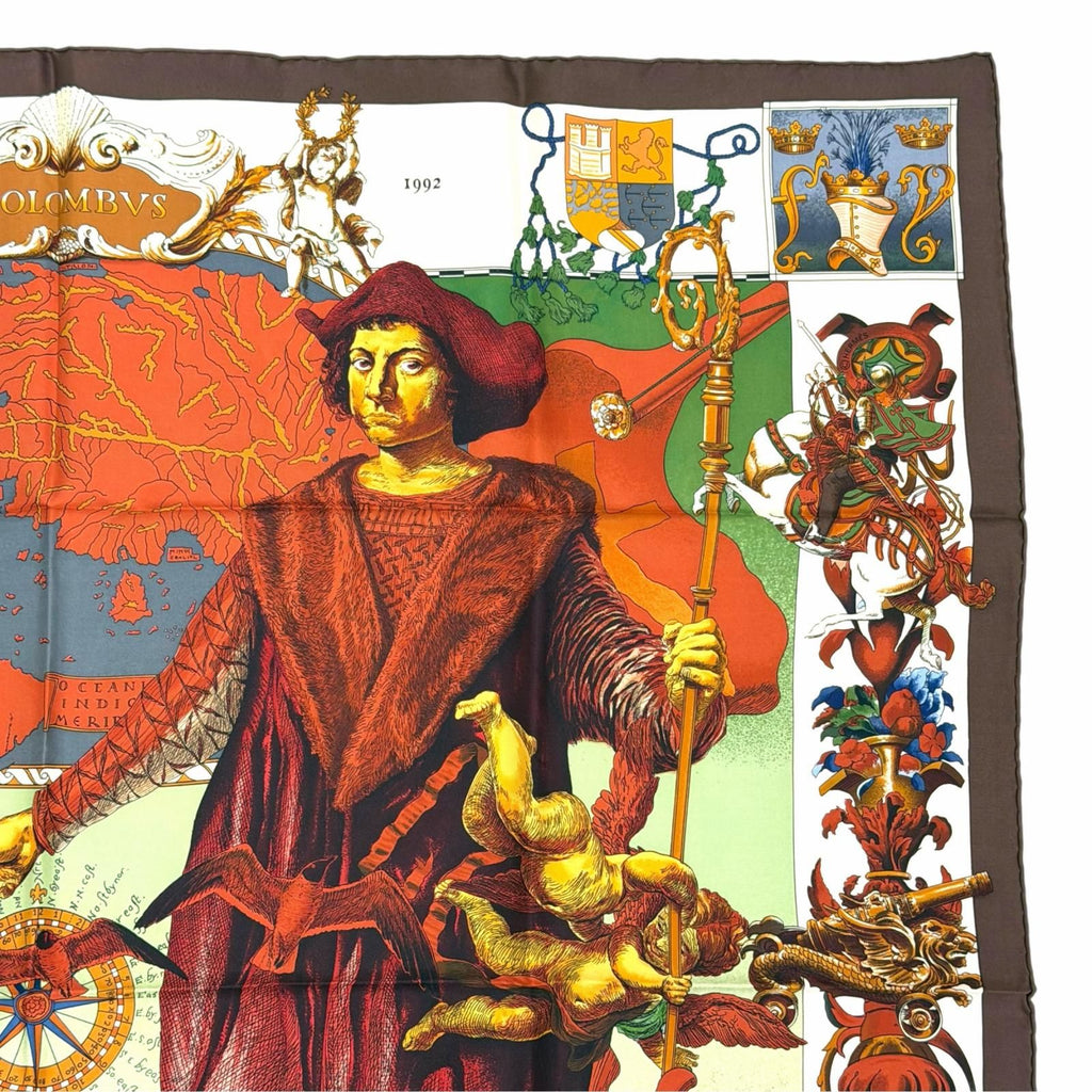 Hermes les Ameriques Colombvs Americas Columbus Carre 90 Silk 100% Scarf Brown — view 4