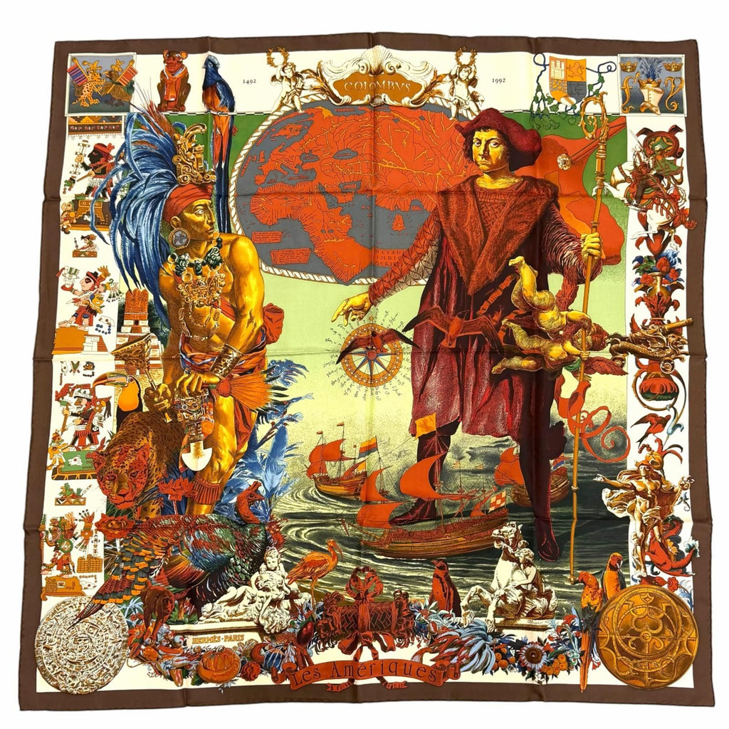 Hermes les Ameriques Colombvs Americas Columbus Carre 90 Silk 100% Scarf Brown