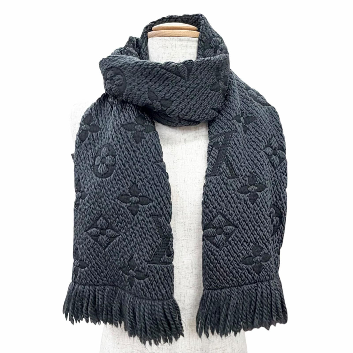 Louis Vuitton Logomania Scarf Wool Silk Monogram Dark Gray — view 3