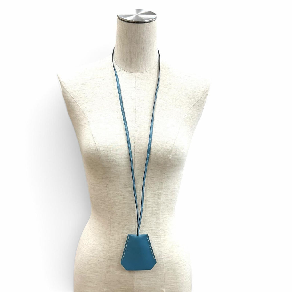 Hermes Vintage Clochette Blue Jean Veau Swift Pendant Necklace — view 2