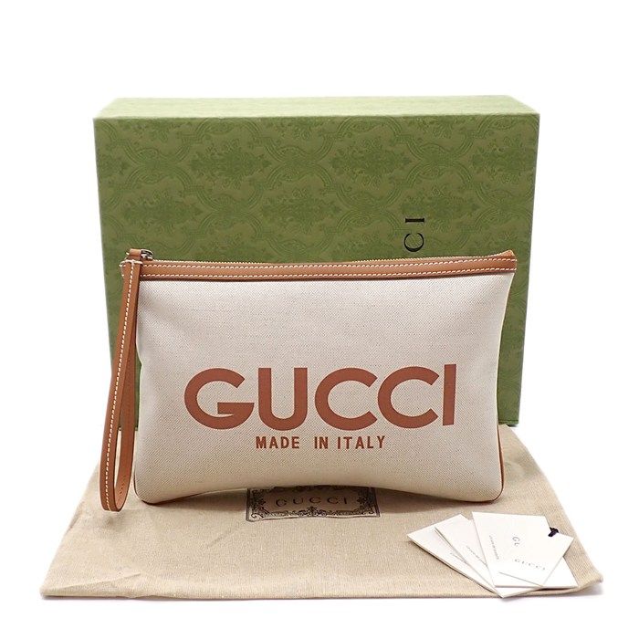 Gucci Clutch Logo Facul Beige Brown Cotton Linen — view 8