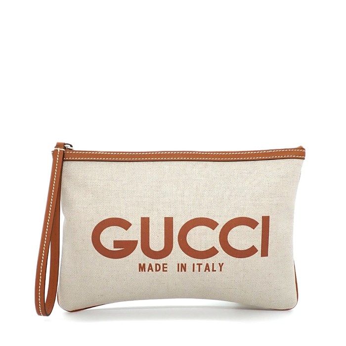 Gucci Clutch Logo Facul Beige Brown Cotton Linen