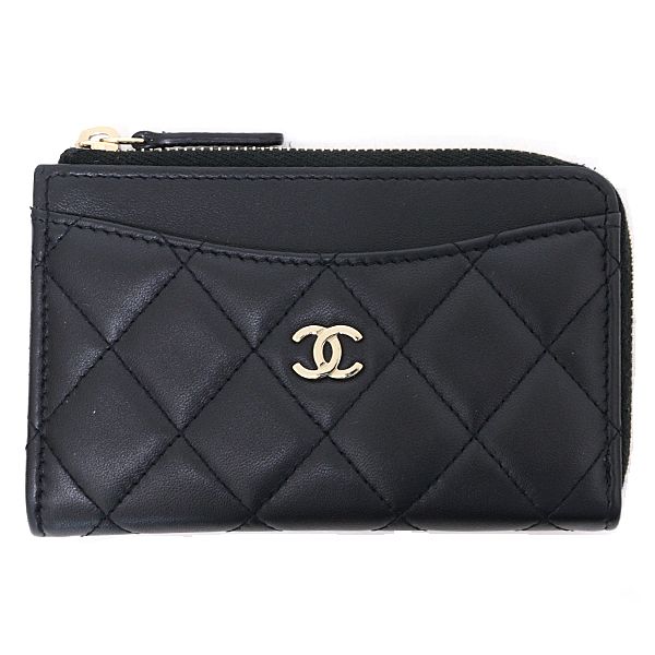 Chanel Zip Card Case Fragment Coin Purse Quilted Lambskin Black