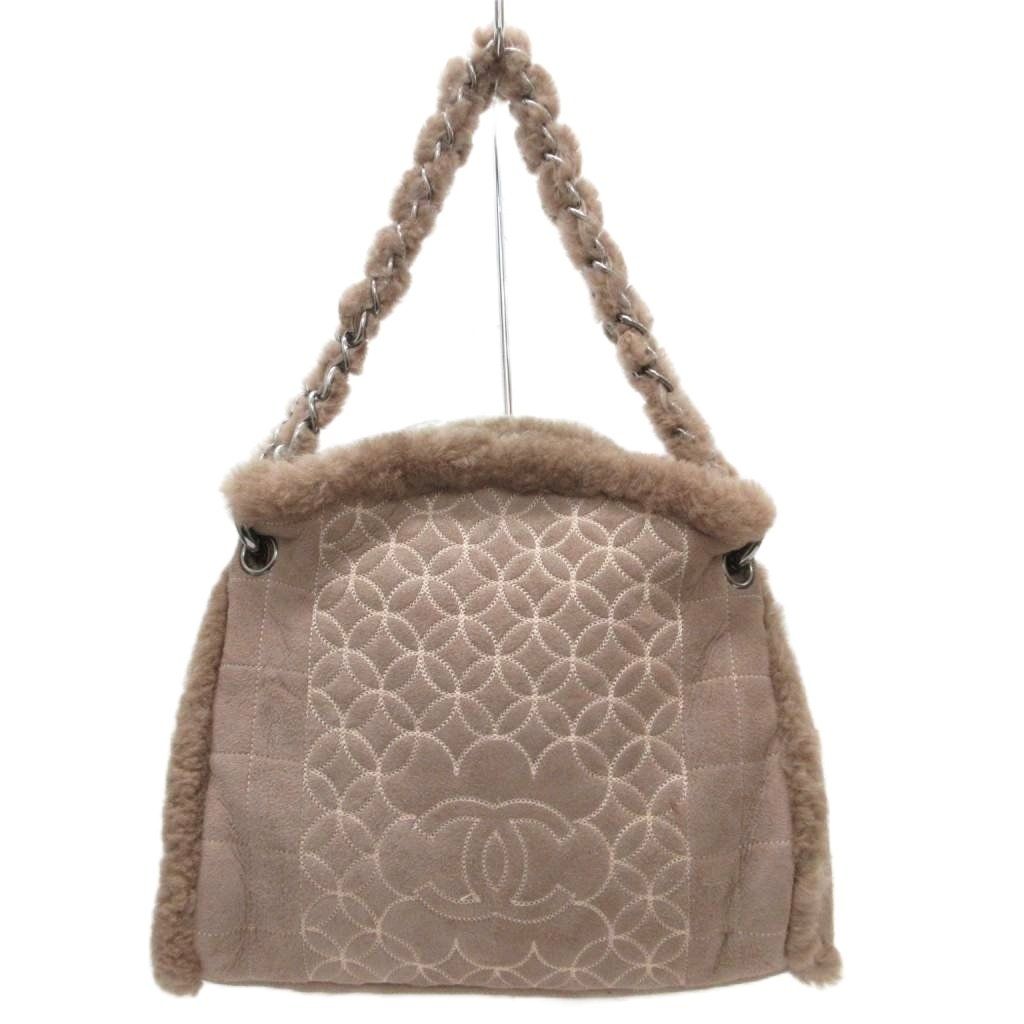 Chanel CC Logo Stitch Shearling Handbag Chain Shoulder Fleece Choco Bar