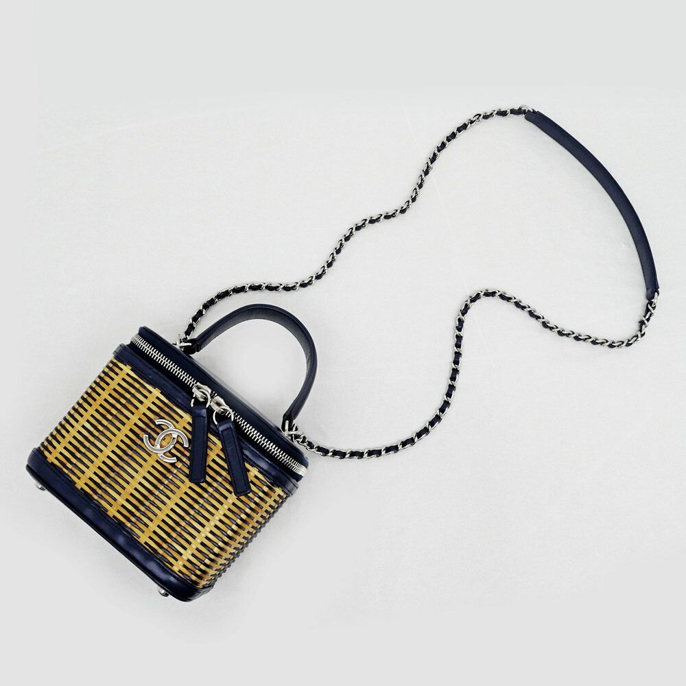 Chanel Chain Vanity Brown Navy Silver Rattan Leather Shoulder Bag CC Logo — view 6