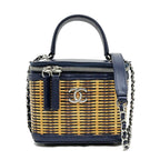 Chanel Chain Vanity Brown Navy Silver Rattan Leather Shoulder Bag CC Logo
