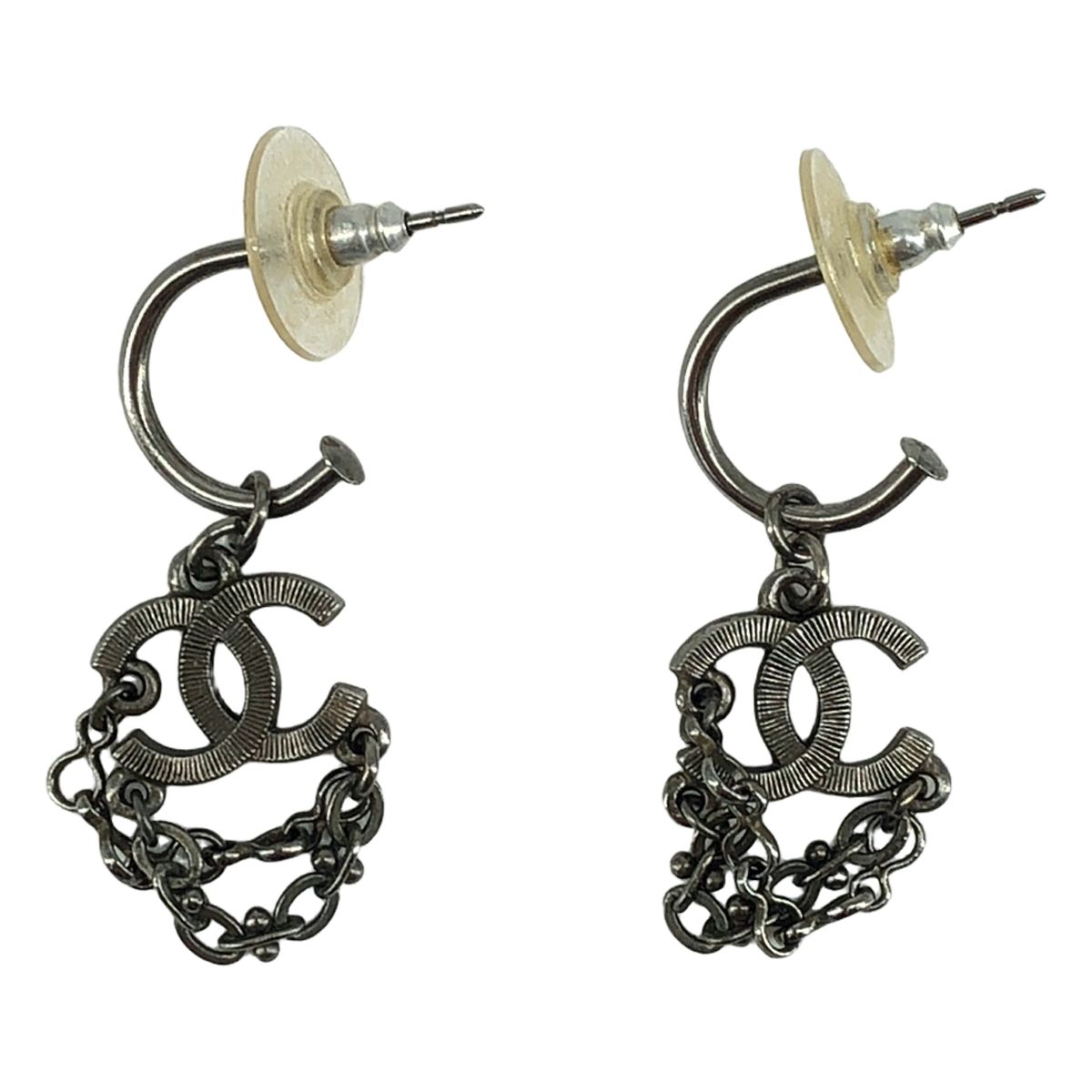 Chanel CC Logo Chain Earrings Silver