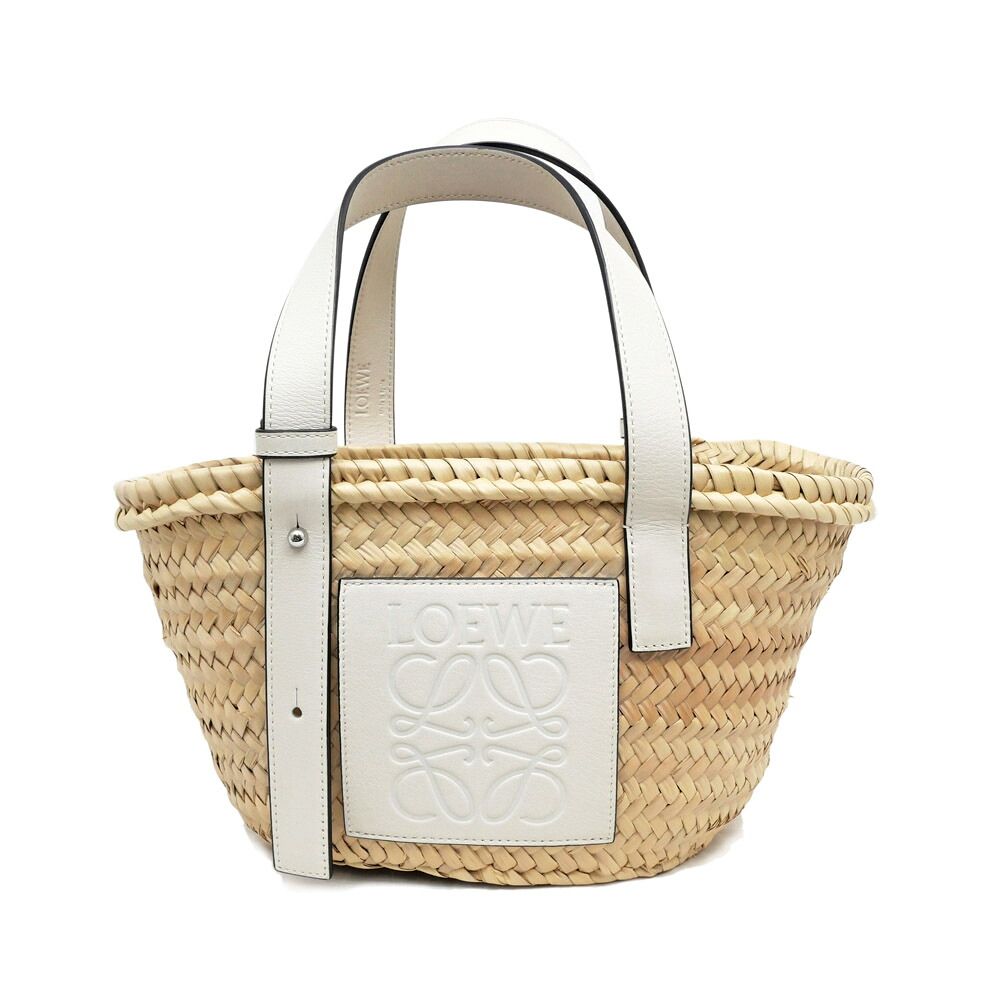 Loewe Basket Bag White Silver Anagram Leather Raffia Bag