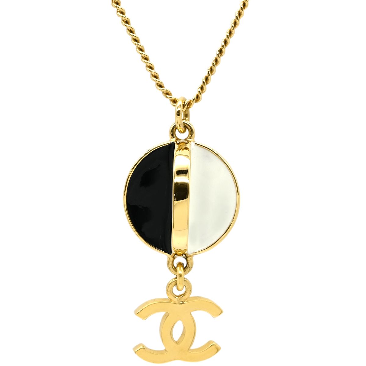 Chanel Necklace Rhinestone CC Logo Lacquer White Black Gold CC Mark Swing — view 2