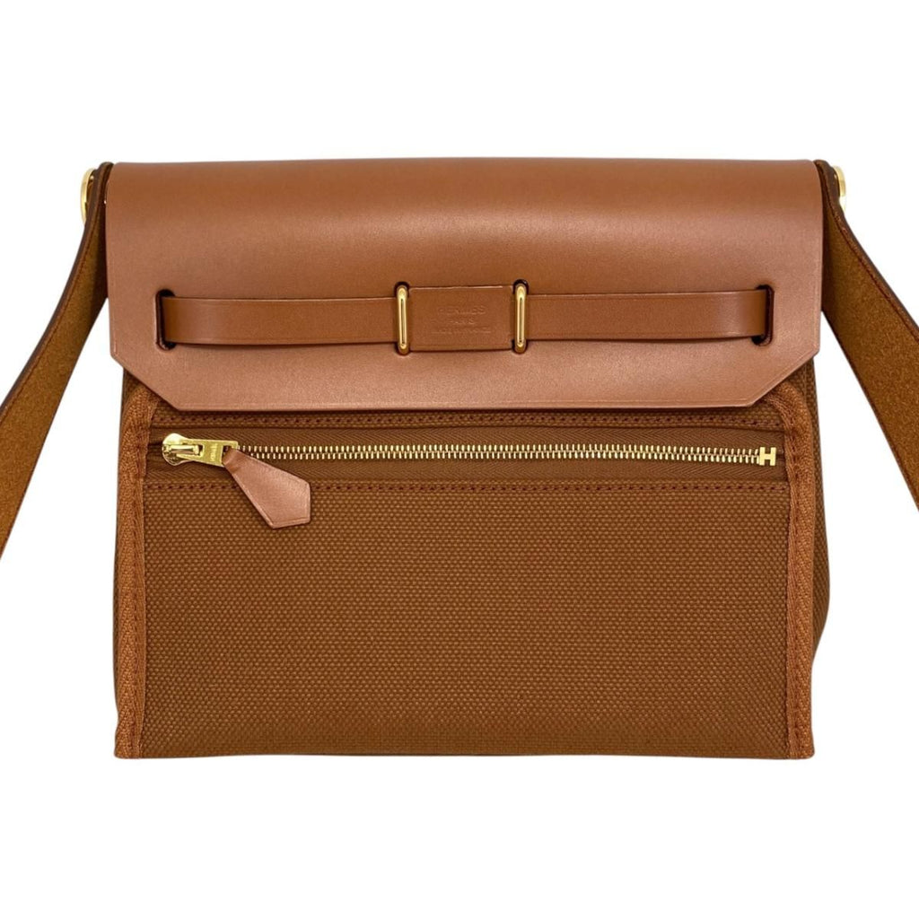 Hermes Shoulder Bag Herbag Zip 20 Vache Hunter Toile H Fauve Brown Gold — view 2
