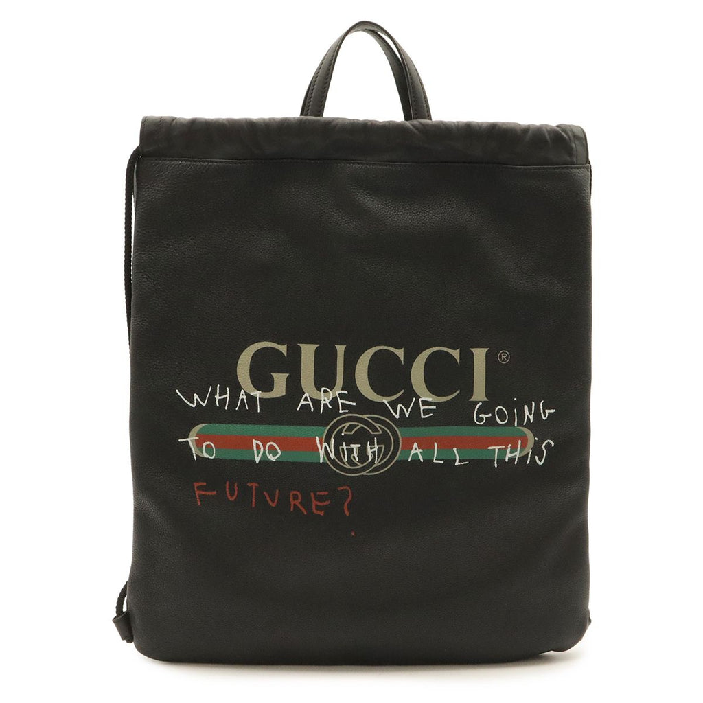 Gucci Print Coco Capitan Drawstring Backpack 2-Way Tote Leather Black