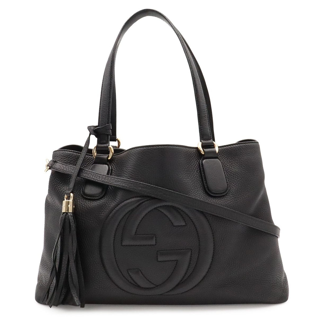 Gucci Soho Tote 2-Way Shoulder Bag Tassel Fringe Leather Black Gold