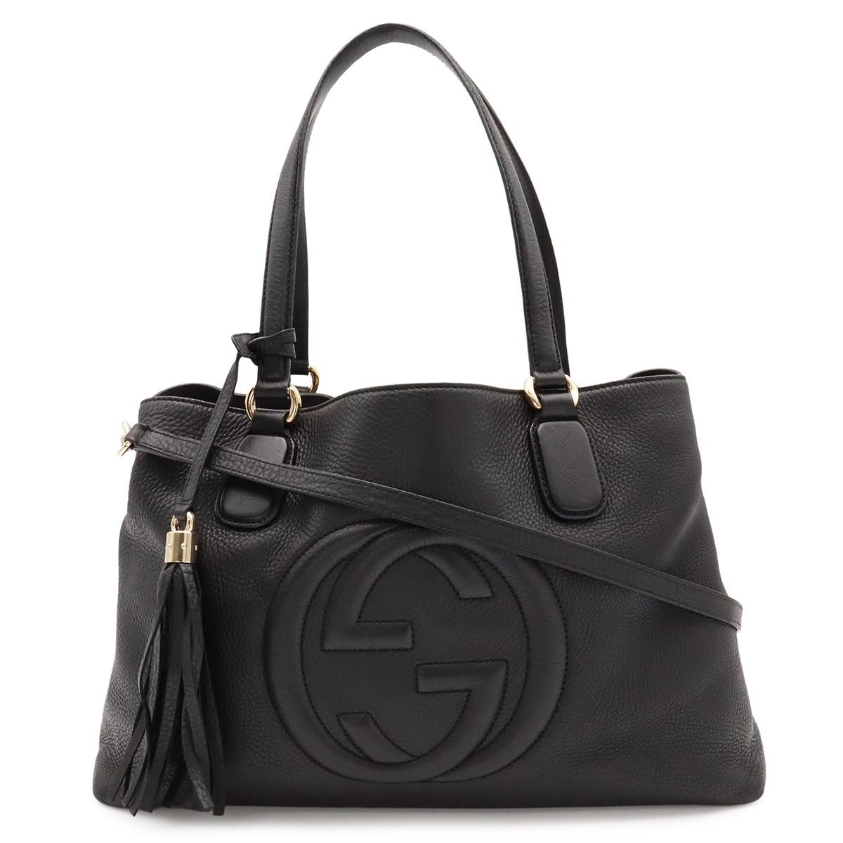 Gucci Soho Tote 2-Way Shoulder Bag Tassel Fringe Leather Black Gold