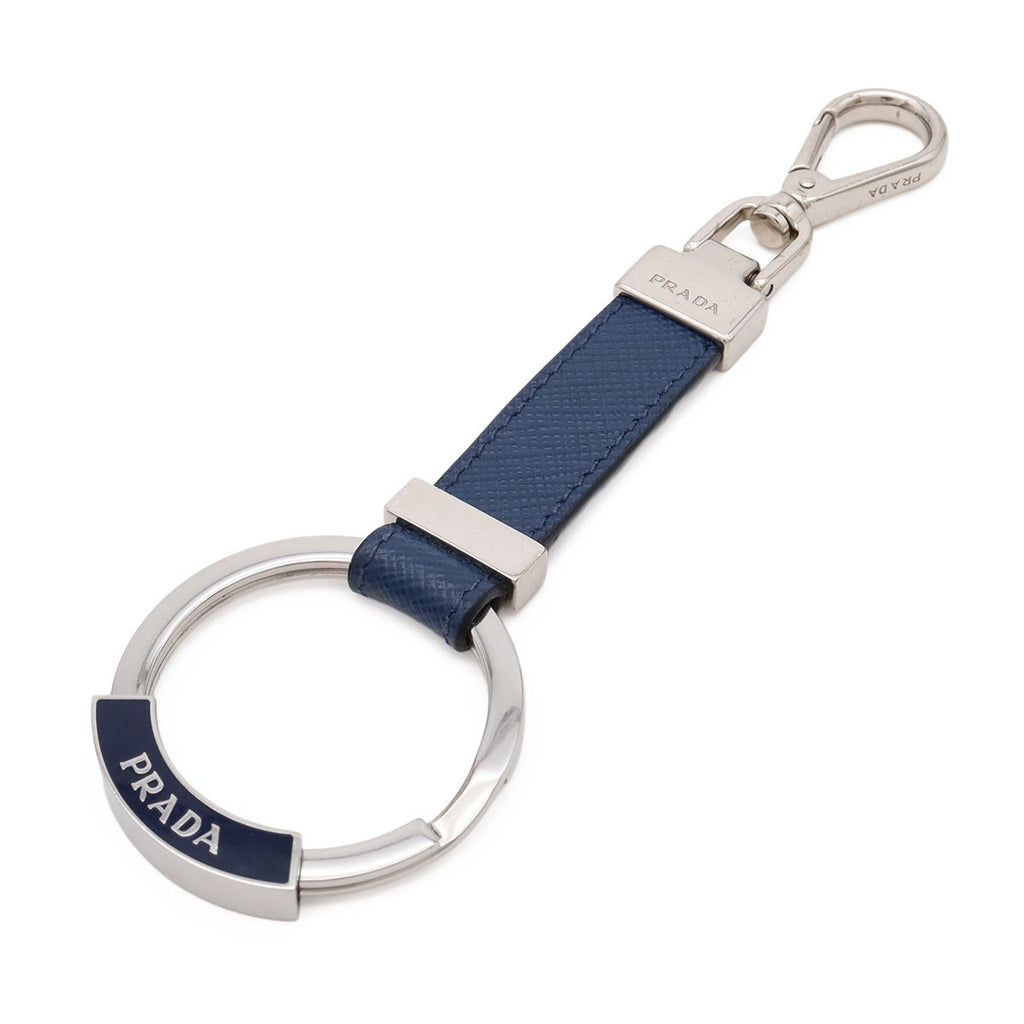 Prada Key Holder Charm Key Ring Saffiano Leather Metal Navy Silver Keychain