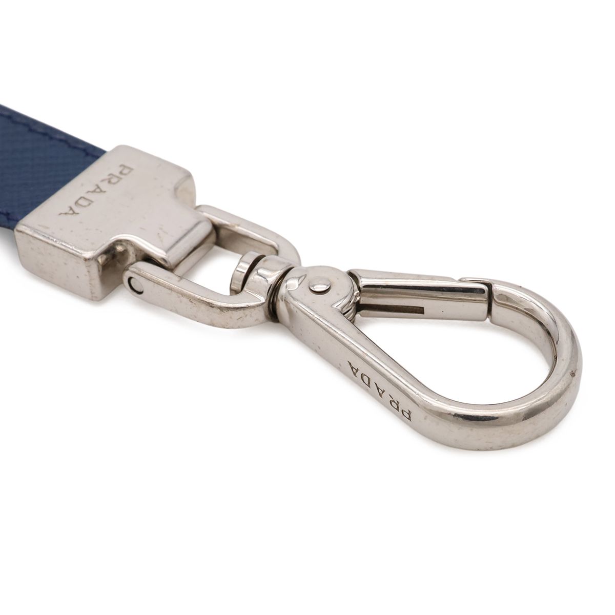 Prada Key Holder Charm Key Ring Saffiano Leather Metal Navy Silver Keychain — view 4