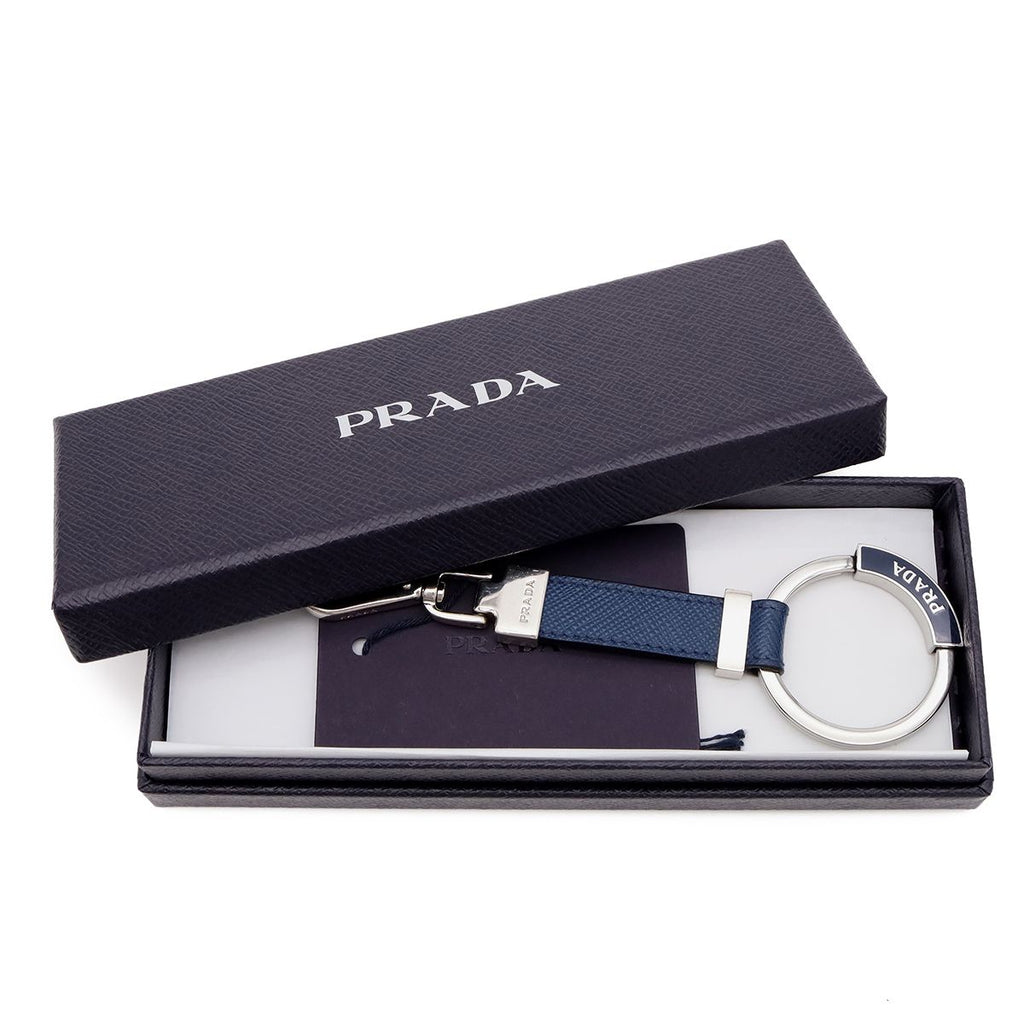 Prada Key Holder Charm Key Ring Saffiano Leather Metal Navy Silver Keychain — view 6