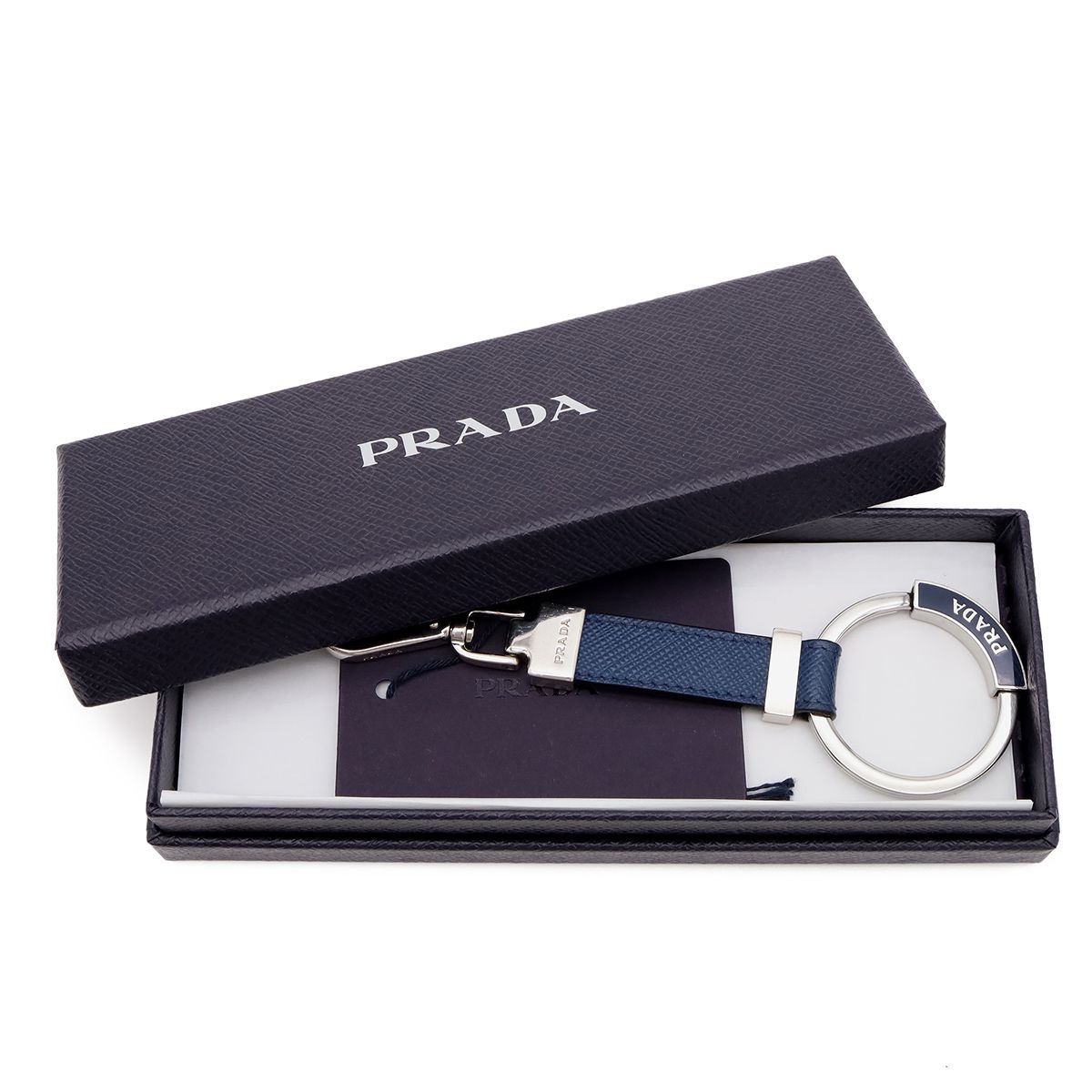 Prada Key Holder Charm Key Ring Saffiano Leather Metal Navy Silver Keychain — view 6