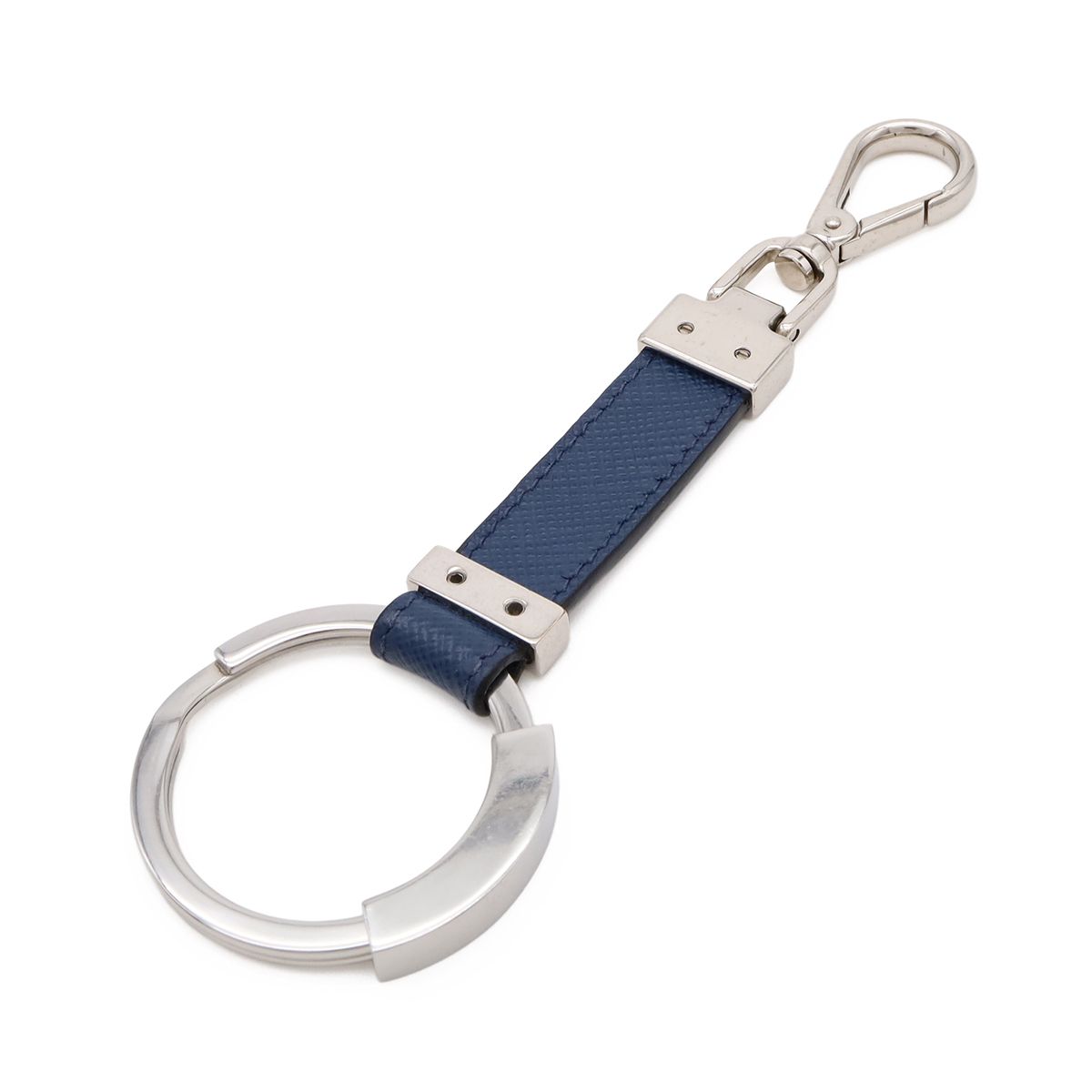 Prada Key Holder Charm Key Ring Saffiano Leather Metal Navy Silver Keychain — view 2