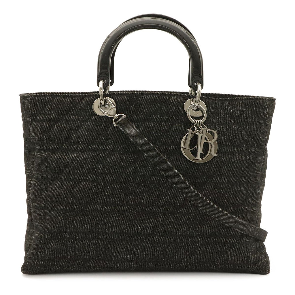 Dior Cannage Tote 2-Way Shoulder Bag Denim Black Silver