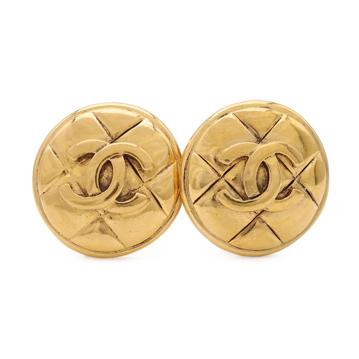 Chanel Quilted CC Logo Button Round Earrings Vintage Gold Plated