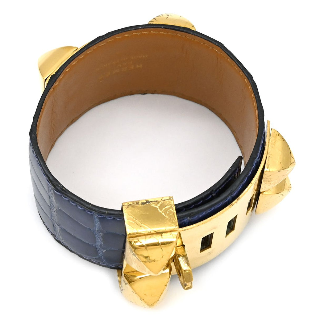 Hermes Bracelet Collier de Chien Press Porosus Navy Gold S Blue Studs — view 2