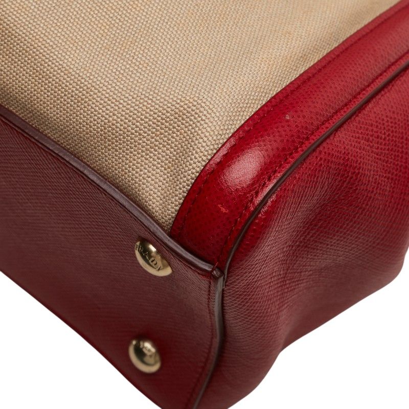 Prada Saffiano Canapa 2-Way Shoulder Bag Beige Red Canvas Leather — view 5